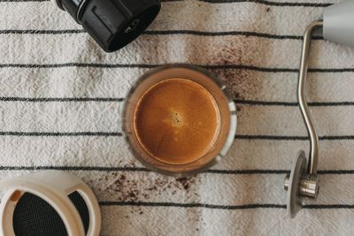 High angle view of coffee on table