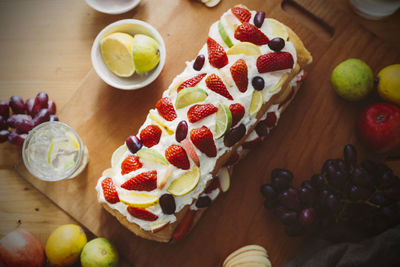 High angle view of dessert on table