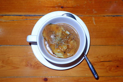 High angle view of soup in bowl on table