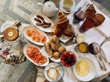 High angle view of food and drink on table