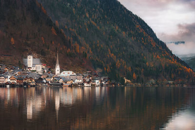 Scenic view of lake by mountain against sky