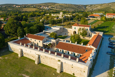 Aerial photo of maskovica han, the ottoman monument in croatia