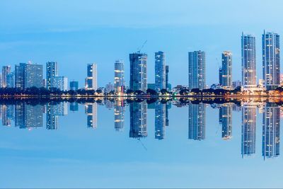 Reflection of buildings in lake