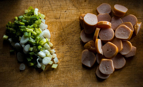 High angle view of chopped vegetables on table