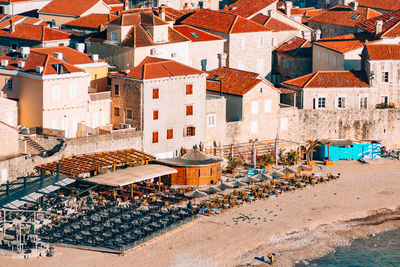 High angle view of buildings in town