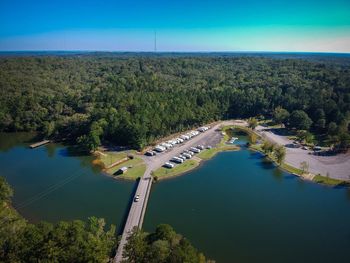 High angle view of lake against clear blue sky