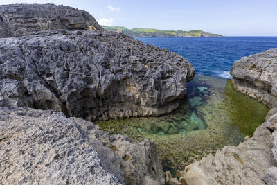 Rock formations by sea against sky