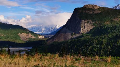 Panoramic view of landscape and mountains against sky