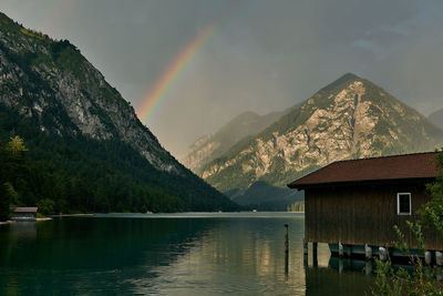 Scenic view of rainbow over lake and mountains