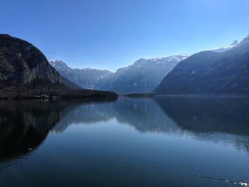 Scenic view of lake and mountains against blue sky