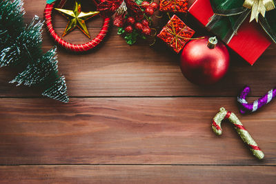 High angle view of christmas decoration on table
