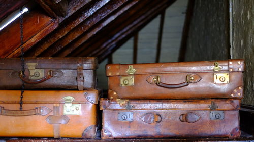 Close-up of closet with old travel suitcases