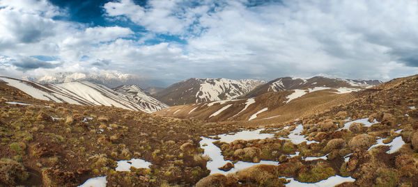 Scenic view of snowcapped mountains against sky