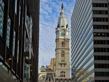 Philadelphia city hall by buildings against sky