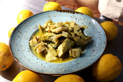 High angle view of noodles in bowl on table