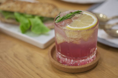 Close-up of drink served on table