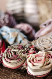 Close-up of rolled up textiles