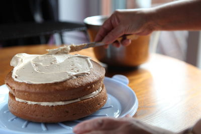 Cropped hand spreading cream on cake