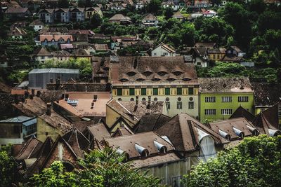 High angle view of buildings in town