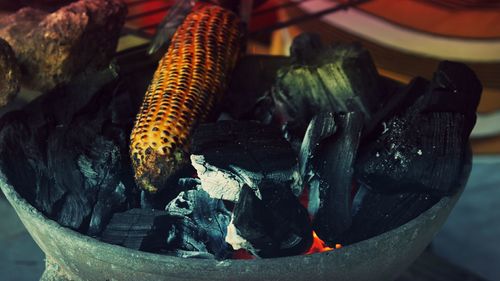 Close-up of crab on barbecue grill