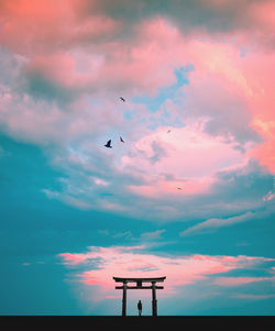 Bird flying against sky during sunset