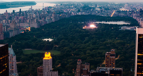 Manhattan park and city buildings high angle view in new york, usa.