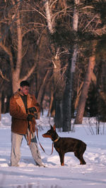 Dogs running on snow covered field
