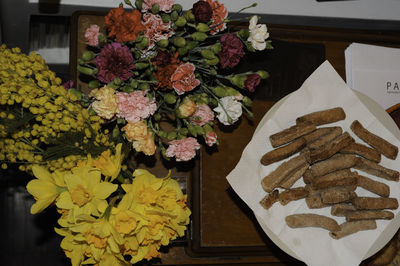 High angle view of flower vase on table