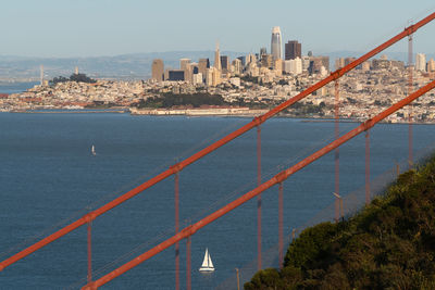 High angle view of buildings by sea against sky