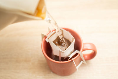 High angle view of coffee on table