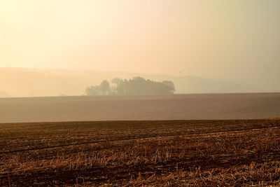 Scenic view of field against sky during foggy weather