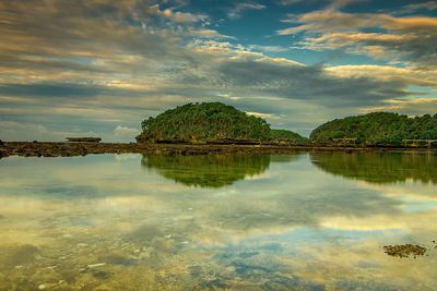 Scenic view of lake against sky during sunset