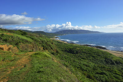 Scenic view of sea and landscape against sky