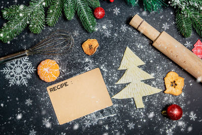 High angle view of text on christmas tree