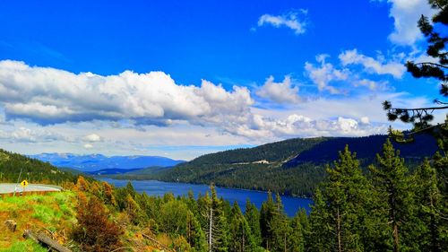 Scenic view of lake against cloudy sky