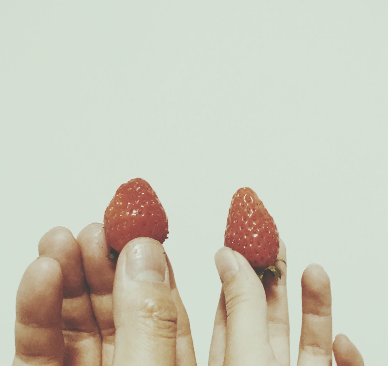 food and drink, studio shot, white background, person, food, one person, part of, healthy eating, red, close-up, copy space, personal perspective, human finger, cropped, fruit, freshness, holding, unrecognizable person, still life