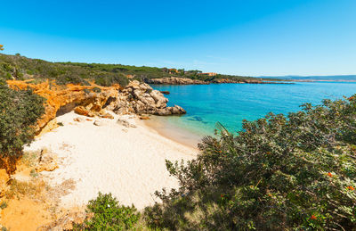 Scenic view of sea against clear blue sky