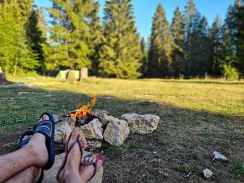 Low section of person relaxing on grass in forest