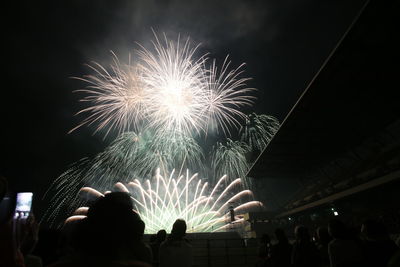 People watching firework display at night