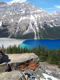 Scenic view of snowcapped mountains and lake during winter