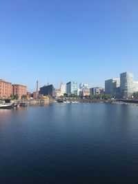 Scenic view of river by buildings against clear blue sky