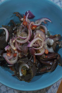 High angle view of meat in plate