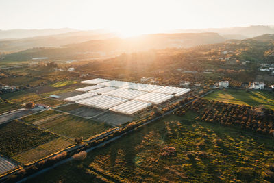 Greenhouse at sunset light. aerial view.