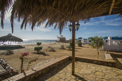 Palm trees on beach against sky