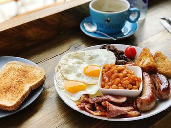 High angle view of breakfast served on table