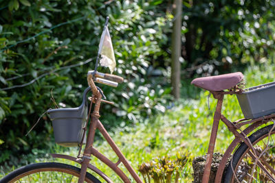 Close-up of bicycle against trees