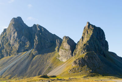 Panoramic view of mountain range against clear sky