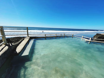 Scenic view of sea against clear blue sky