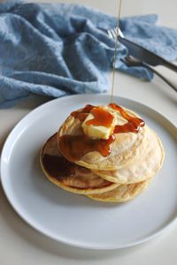 High angle view of breakfast in plate on table