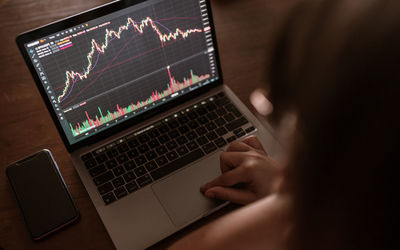 Young woman looking at the market on laptop